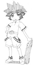 Rule 34 | 00s, 1girl, :o, androgynous, belt, belt buckle, blush, buckle, full body, greyscale, hand on own hip, holding, looking at viewer, matsubara kaoru, monochrome, parted lips, powered buttercup, powerpuff girls, powerpuff girls z, short hair, shorts, simple background, skateboard, sketch, solo, standing, suspenders, white background
