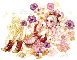 Rule 34 | 1girl, boots, bridal gauntlets, choker, dated, dress, earrings, final fantasy, final fantasy vi, flower, full body, green hair, happy, happy birthday, high heels, jewelry, long hair, looking at viewer, moogle, pantyhose, purple eyes, purple flower, red dress, sakizou, signature, simple background, strapless, strapless dress, tina branford, wavy hair, white background