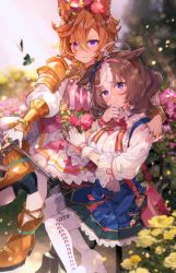 Rule 34 | 2girls, ahoge, animal ears, armor, bag, between breasts, blue skirt, blurry, blurry background, boots, breasts, brown footwear, brown hair, bug, butterfly, chair, closed mouth, commentary request, crown, ears down, fingerless gloves, flower, gloves, hair flower, hair ornament, high heel boots, high heels, highres, horse ears, insect, jewelry, large breasts, looking at viewer, medium breasts, meisho doto (umamusume), mini crown, multicolored hair, multiple girls, multiple rings, orange hair, petals, puffy sleeves, purple eyes, raised eyebrows, ring, rose, shirt, shoulder armor, shoulder bag, sitting, sitting on table, skirt, smile, strap between breasts, t.m. opera o (umamusume), two-tone hair, umamusume, v-shaped eyebrows, white gloves, white legwear, white shirt, yoshida (ne)