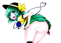 Rule 34 | 1girl, adapted costume, ass, back, black socks, bow, eyeball, fixed, frills, from behind, green eyes, green hair, hat, hat bow, heart, heart of string, highres, itou life, kneehighs, komeiji koishi, looking at viewer, looking back, matching hair/eyes, non-web source, open mouth, panties, panty pull, puffy sleeves, pussy, scan, shirt, short hair, short sleeves, simple background, skirt, smile, socks, solo, string, textless version, third eye, touhou, underwear, white background, white panties
