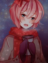 Rule 34 | 1girl, artist name, blue eyes, blush, bow, coat, cup, disposable cup, doki doki literature club, grey coat, hair between eyes, hair bow, highres, looking at viewer, mittens, open mouth, peachcak3, pink hair, red bow, red scarf, sayori (doki doki literature club), scarf, short hair, solo, upper body, winter clothes