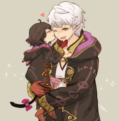 Rule 34 | 1boy, 1girl, bell, black hair, brown gloves, carrying, cat tail, closed eyes, fake tail, father and daughter, fire emblem, fire emblem awakening, from side, gloves, grey background, highres, hood, hood down, long sleeves, morgan (female) (fire emblem), morgan (fire emblem), nintendo, one eye closed, open mouth, robe, robin (fire emblem), robin (male) (fire emblem), sasaki (dkenpisss), short hair, signature, simple background, tail, white hair