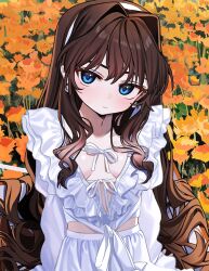 Rule 34 | 1girl, blue eyes, breasts, brown hair, choppy bangs, cleavage, cropped legs, earrings, elisia valfelto, flower bed, frilled shirt, frills, headband, jewelry, long hair, looking at viewer, luicent, original, shirt, sidelocks, skirt, small breasts, wavy hair, white headband, white shirt, white skirt