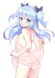 Rule 34 | 10s, 1girl, :o, ass, back, bare shoulders, black thighhighs, blue eyes, blue hair, from behind, lingerie, long hair, looking at viewer, looking back, matching hair/eyes, negligee, no panties, noel (sora no method), see-through, shouni (sato3), simple background, solo, sora no method, standing, thighhighs, twintails, two side up, underwear, white background