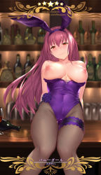 Rule 34 | 1girl, animal ears, bar (place), bare shoulders, black pantyhose, blush, bottle, bow, breasts, breasts out, bridal garter, collarbone, covered navel, cup, drinking glass, fake animal ears, fate/grand order, fate (series), fishnet pantyhose, fishnets, flower, hair between eyes, highleg, highleg leotard, highres, hip focus, large breasts, leotard, long hair, looking at viewer, nipples, official alternate costume, pantyhose, playboy bunny, purple hair, purple leotard, rabbit ears, rabbit girl, red eyes, scathach (fate), scathach (piercing bunny) (fate), solo, spill, thighs, wakamezake, wine bottle, yijian ma