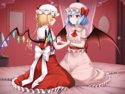 Rule 34 | 2girls, absurdres, ascot, bat wings, bed, bedroom, blonde hair, blue hair, bow, chain, closed mouth, commentary request, commission, desk lamp, dress, flandre scarlet, frilled dress, frills, hat, hat bow, hat ribbon, henria, highres, holding hands, indoors, interlocked fingers, lamp, looking at another, mob cap, multiple girls, on bed, pink dress, pink headwear, puffy short sleeves, puffy sleeves, red ascot, red bow, red eyes, remilia scarlet, ribbon, short hair, short sleeves, siblings, side ponytail, sisters, sitting, skeb commission, smile, touhou, white headwear, wings