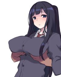 Rule 34 | 1girl, black hair, blue eyes, blunt bangs, blush, breasts, breasts squeezed together, brown necktie, cardigan, closed mouth, collared shirt, grabbing, grabbing from behind, groping, large breasts, long hair, looking at viewer, necktie, original, ryuusei (ryuuseiseikou), school uniform, shirt, simple background, solo, upper body, white background, white shirt, yagi (ningen)