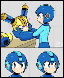 Rule 34 | 2boys, ?, android, armor, blue armor, blue bodysuit, blue eyes, blue headwear, blush, bodysuit, breastplate, carrying, carrying over shoulder, carrying person, comic, commentary request, fuse, fuse man, gloves, head only, helmet, highres, holding head, joints, looking at another, looking to the side, male focus, mega man (character), mega man (classic), mega man (series), mega man 11, multiple boys, multiple views, purple eyes, robot, robot ears, robot joints, sweatdrop, vambraces, wenyu, white gloves, yellow armor, yellow headwear