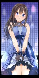 Rule 34 | 1girl, :&lt;, bare shoulders, blue eyes, blush, brown hair, collarbone, dress, gloves, holding clothes, holding dress, idolmaster, idolmaster cinderella girls, idolmaster cinderella girls starlight stage, looking at viewer, nakajima yuka, necktie, shibuya rin, simple background, solo, sweatdrop, white background