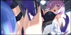 Rule 34 | 1girl, ass, ball, bare shoulders, black leotard, blush, breasts, cleavage, clothing cutout, creature, elbow gloves, exercise ball, falling, fate/grand order, fate (series), fou (fate), gloves, hair over one eye, large breasts, leotard, light purple hair, looking at viewer, mash kyrielight, navel cutout, open mouth, purple eyes, purple gloves, short hair, solo, sweat, thigh strap, thighs, tsuuhan