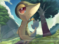 Rule 34 | animal focus, blue sky, bush, closed mouth, cloud, creatures (company), day, expressionless, fence, full body, game freak, gen 5 pokemon, gradient sky, grass, highres, looking to the side, nintendo, no humans, outdoors, outline, pokemon, pokemon (creature), red eyes, rio (user nvgr5434), sky, snivy, solo, standing, tree