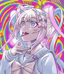 Rule 34 | 1girl, @ @, abstract background, acid trip, blonde hair, blue bow, blue eyes, blue hair, blue serafuku, blush, bow, bowtie, chouzetsusaikawa tenshi-chan, collarbone, commentary, drugged, drugs, eencya, eyeliner, hair bow, hand up, long hair, looking up, lsd, multicolored background, multicolored hair, multicolored nails, multiple hair bows, needy girl overdose, open mouth, pink bow, pink hair, pink pupils, pixel art, psychedelic, purple bow, quad tails, raised eyebrows, red eyeliner, school uniform, second-party source, serafuku, single hair intake, smile, solo, symbol-only commentary, tongue, tongue out, upper body, wide-eyed, yellow bow, yellow bowtie, ||/
