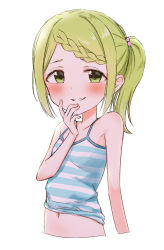 Rule 34 | 1girl, absurdres, bare arms, bare shoulders, blush, braid, braided bangs, camisole, collarbone, cropped torso, eyebrows hidden by hair, green eyes, green hair, hair bobbles, hair ornament, hand up, highres, long hair, looking at viewer, morinaka kazaki, navel, nijisanji, parted lips, ponytail, sidelocks, simple background, smile, solo, striped, striped camisole, swept bangs, upper body, virtual youtuber, white background, yotsugi