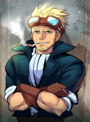 Rule 34 | 1boy, ascot, blonde hair, blue eyes, blue jacket, cid highwind, cigarette, crossed arms, facial hair, final fantasy, final fantasy vii, fujimaru (green sparrow), gloves, goggles, goggles on head, grey background, jacket, mature male, muscular, muscular male, short hair, simple background, smoke, smoking, solo, square enix, stubble, thick eyebrows