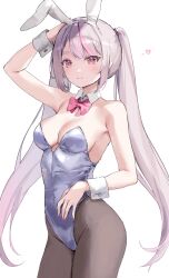 1girl animal_ear_hairband animal_ears arm_up bare_arms bare_shoulders bow bowtie breasts cattleya_regina_games cleavage closed_mouth cowboy_shot detached_collar fake_animal_ears grey_hair grey_pantyhose hair_between_eyes hairband hand_on_own_head hand_on_own_stomach heart highres leotard long_hair looking_at_viewer medium_breasts multicolored_hair nakony pantyhose pink_bow pink_bowtie pink_eyes pink_hair playboy_bunny purple_leotard rabbit_ear_hairband rabbit_ears simple_background smile solo strapless strapless_leotard streaked_hair tosaki_mimi twintails two-tone_background very_long_hair virtual_youtuber vspo! white_background white_hairband white_wrist_cuffs wrist_cuffs