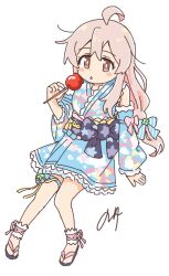Rule 34 | 1girl, ahoge, alternate costume, blue kimono, blush stickers, brown eyes, candy apple, commentary request, detached sleeves, food, full body, genderswap, genderswap (mtf), hair between eyes, japanese clothes, kimono, leg ribbon, long hair, long sleeves, looking at viewer, low-tied long hair, no socks, nuurise2023, obi, onii-chan wa oshimai!, oyama mahiro, pink hair, ribbon, sandals, sash, signature, simple background, solo, thigh ribbon, tongue, tongue out, white background, zouri