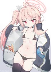Rule 34 | 1girl, absurdres, ahoge, bikini, black bikini, black thighhighs, blue archive, blush, breasts, collarbone, drink, drinking straw, gradient background, groin, halo, highres, holding, holding drink, jacket, long hair, long sleeves, looking at viewer, milk carton, mofftarkin, natsu (blue archive), navel, open clothes, open jacket, parted lips, pink hair, pink halo, red eyes, side ponytail, small breasts, solo, swimsuit, thigh gap, thighhighs
