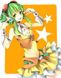 Rule 34 | 1girl, bad id, bad pixiv id, bare shoulders, belt, cropped legs, cuffs, goggles, green eyes, green hair, gumi, hands up, headphones, karu, looking at viewer, matching hair/eyes, microphone, open mouth, skirt, sleeveless, smile, solo, vocaloid, wrist cuffs, yuzuki karu