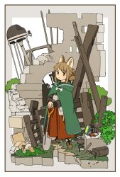 Rule 34 | 1girl, :3, akai sashimi, animal ears, bag, border, brown eyes, brown footwear, closed mouth, cross-laced footwear, fingernails, framed, hair ornament, highres, ladder, light brown hair, long sleeves, looking at viewer, original, outdoors, plant, pot, shoes, shovel, skirt, smile, solo, standing, tareme, tentacles, white border