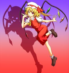 Rule 34 | 1girl, ascot, blonde hair, female focus, flandre scarlet, flying, garando, gradient background, hat, hat ribbon, leg up, light smile, looking at viewer, mob cap, open hand, outstretched arm, pinky out, red eyes, ribbon, shadow, short hair, short sleeves, side ponytail, skirt, skirt set, solo, touhou, wings
