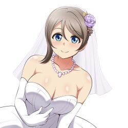 Rule 34 | 1girl, alternate hairstyle, barkhorn0331, blue eyes, blush, breasts, brown hair, cleavage, commentary request, dress, highres, jewelry, large breasts, love live!, love live! sunshine!!, necklace, short hair, simple background, smile, solo, watanabe you, wedding, wedding dress