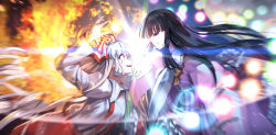 Rule 34 | 2girls, :d, absurdres, battle, black hair, blouse, blunt bangs, bow, bowtie, closed mouth, collared shirt, commentary request, danmaku, fiery wings, fire, floating hair, frilled shirt collar, frilled skirt, frills, from side, fujiwara no mokou, hair bow, highres, hime cut, houraisan kaguya, long hair, long sleeves, looking at another, multiple girls, nemu kotatsu, open mouth, pants, partial commentary, pink eyes, pink shirt, red eyes, red pants, red skirt, shirt, sidelocks, skirt, smile, suspenders, teeth, touhou, upper teeth only, very long hair, white hair, white shirt, wide sleeves, wings, yellow bow, yellow bowtie