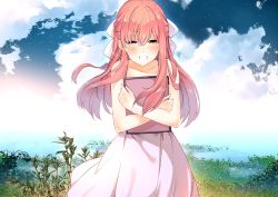 Rule 34 | 1girl, bare shoulders, blush, bow, brown eyes, cloud, cloudy sky, crying, day, dress, hair bow, half updo, happy tears, highres, hug, jun project, long hair, pink hair, plant, rin (shelter), shelter (song), sky, sleeveless, solo, streaming tears, tablet pc, tears