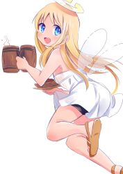 Rule 34 | 1other, alcohol, androgynous, angel, angel wings, bare shoulders, beer, beer mug, bike shorts, black shorts, blonde hair, blue eyes, brown footwear, check commentary, commentary, commentary request, crimvael, cup, dress, drink, food, food request, from side, halo, hanada hyou, holding, holding drink, holding food, holding plate, ishuzoku reviewers, long hair, looking at viewer, mug, open mouth, plate, sandals, short dress, shorts, sleeveless, sleeveless dress, smile, strapless, strapless dress, transparent wings, underwear, white background, white dress, wings