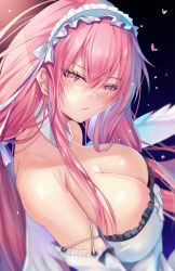 Rule 34 | 1girl, angel wings, azur lane, blush, breasts, cleavage, detached collar, detached sleeves, dress, frilled dress, frills, headdress, inoue takuya (tactactak), large breasts, long hair, looking at viewer, perseus (azur lane), pink eyes, pink hair, ribbon, solo, twintails, very long hair, white headwear, white ribbon, wings