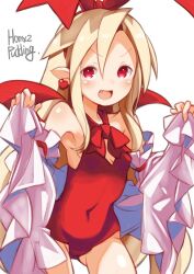 Rule 34 | 1girl, artist name, blonde hair, bow, breasts, commentary request, covered navel, demon girl, demon wings, detached sleeves, disgaea, dress, earrings, fang, flonne, flonne (fallen angel), gluteal fold, hair bow, heart, heart earrings, highres, jewelry, leotard, long hair, open clothes, open dress, puddinghomhom, red eyes, red leotard, ribbon, small breasts, smile, solo, thighs, white dress, white sleeves, wings