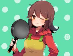 Rule 34 | 1girl, 5-volt, blush, breasts, brown hair, commentary request, frying pan, green background, herunia kokuoji, holding, holding frying pan, looking at viewer, nintendo, one eye closed, polka dot, polka dot background, signature, simple background, smile, solo, upper body, warioware, yellow eyes