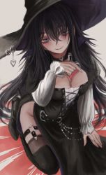 Rule 34 | 1girl, absurdres, black choker, black hair, black thighhighs, breasts, choker, cleavage, corset, dress, frilled sleeves, frills, full body, gold can, hair between eyes, hat, highres, jewelry, long hair, long sleeves, looking at viewer, medium breasts, original, purple eyes, ring, seiza, sitting, smile, solo, thighhighs, witch, witch hat