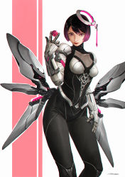Rule 34 | 1girl, absurdres, ball, bodysuit, breasts, closed mouth, devil lo, exoskeleton, hair between eyes, halo, highres, holding, looking at viewer, mechanical wings, medium breasts, multicolored hair, original, pink hair, red lips, short hair, simple background, solo, standing, tagme, wings