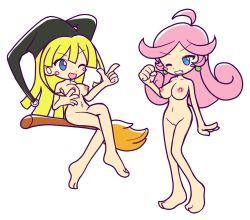 Rule 34 | 2girls, blonde hair, blue eyes, breasts, cleft of venus, completely nude, furii, hat, long hair, medium breasts, multiple girls, navel, nipples, nude, pussy, puyopuyo, raffina (puyopuyo), simple background, uncensored, white background, witch (puyopuyo), witch hat