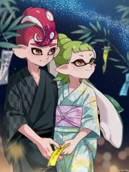 Rule 34 | 1boy, 1girl, alternate hairstyle, artist name, bamboo, black kimono, black sky, blunt bangs, blurry, blurry foreground, closed mouth, commentary, couple, dated, depth of field, floral print, green hair, green kimono, hair up, hetero, inkling, inkling girl, inkling player character, japanese clothes, jewelry, kimono, long hair, looking to the side, makeup, mascara, mask, milky way, mohawk, night, nintendo, obi, octoling, octoling boy, octoling player character, orange eyes, pointy ears, ponytail, red hair, ring, sash, short hair, short sleeves, side-by-side, signature, sky, smile, splatoon (series), standing, star (sky), starry sky, suction cups, symbol-only commentary, tanabata, tanzaku, tentacle hair, yeneny