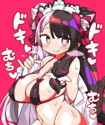 Rule 34 | 1girl, animal ears, bell, bikini, bikini top only, black hair, bow, breasts, breath, cat ears, cat tail, hair bow, hairband, heart, heart-shaped pupils, kanikama, large breasts, long hair, looking at viewer, multicolored hair, nijisanji, pink hair, removing jacket, smile, solo, split-color hair, streaked hair, sweat, swimsuit, symbol-shaped pupils, tail, translation request, very long hair, virtual youtuber, yorumi rena