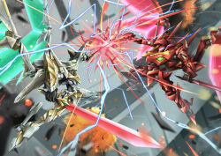 absurdres asymmetrical_arms battle claw_(weapon) code_geass dual_wielding energy_wings flying glowing glowing_wings green_eyes guren_(code_geass) guren_s.e.i.t.e.n._eight_elements highres holding holding_sword holding_weapon knightmare_frame lancelot_(code_geass) lancelot_albion mecha mecha_pilot_suit motion_slit no_humans plasma robot science_fiction sky sword troy_(oxaa01ex) weapon wings wrist_blades