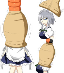 Rule 34 | apron, blue dress, blue eyes, braid, cell (dragon ball), confused, dragon ball, dress, forced, grey hair, izayoi sakuya, kerriaria, maid, maid headdress, okra sticky, open mouth, puffy short sleeves, puffy sleeves, short hair, short sleeves, tail vore, touhou, twin braids, vore, waist apron, white background, white theme