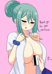 Rule 34 | 2girls, absurdres, aqua hair, asa midori, between breasts, blush, breasts, closed eyes, english text, hair bun, highres, huge breasts, multiple girls, no bra, open clothes, open mouth, open shirt, original, pink background, rezu (the only shoe), short hair, simple background, solo focus, the only shoe, yuri