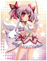 Rule 34 | 10s, 1girl, bow, bow (weapon), bubble skirt, emperpep, gloves, hair bow, kaname madoka, kyubey, magical girl, mahou shoujo madoka magica, mahou shoujo madoka magica (anime), pink hair, red eyes, short hair, short twintails, skirt, twintails, weapon, white gloves