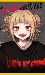 Rule 34 | 1girl, :d, bad id, bad pixiv id, bags under eyes, black sweater, blonde hair, blunt bangs, blush, boku no hero academia, clothes writing, double bun, english text, engrish text, eyes visible through hair, fangs, hair bun, highres, letterboxed, looking at viewer, messy hair, open mouth, ranguage, rudo (rudorudo0917), shadow, short hair, sidelocks, smile, solo, sweater, toga himiko, upper body, yellow eyes