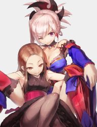Rule 34 | 2girls, blue eyes, breasts, brown eyes, brown hair, chacha (fate), detached sleeves, fate/grand order, fate (series), forehead, japanese clothes, large breasts, long hair, looking at viewer, miyamoto musashi (fate), miyamoto musashi (third ascension) (fate), multiple girls, one eye closed, pantyhose, ponytail, sash, smile, sue (bg-bros), thighhighs