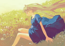 Rule 34 | 1girl, bare legs, blonde hair, blue dress, dress, flower, foot out of frame, full body, grass, long hair, original, outdoors, potg (piotegu), profile, red eyes, shadow, short sleeves, signature, sitting, solo, white flower, wind