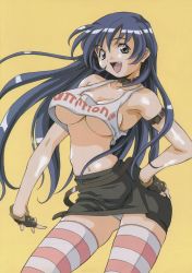 Rule 34 | 1girl, amano yo-ki, armband, armpits, ass, ass grab, bare shoulders, belt, blue hair, breasts, brown eyes, choker, cleavage, clothes writing, collar, crop top, fang, fingernails, grey eyes, highres, large breasts, long fingernails, long hair, midriff, miniskirt, navel, no bra, open mouth, panties, pantyshot, pencil skirt, pink thighhighs, shiny skin, sideboob, simple background, skirt, solo, standing, strap, striped clothes, striped thighhighs, tank top, thighhighs, underboob, underwear, white panties, white thighhighs