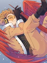 Rule 34 | 1boy, belt, black footwear, black gloves, black shirt, black socks, blonde hair, boku no hero academia, boots, brown belt, brown jacket, brown pants, buttons, closed mouth, commentary request, facial hair, facial mark, feathered wings, feathers, fur-trimmed gloves, fur-trimmed jacket, fur trim, gloves, goggles, grey background, half-closed eyes, hawks (boku no hero academia), headphones, high collar, holding, holding feather, jacket, light smile, looking at viewer, looking to the side, male focus, miso (mimimiso), pants, pocket, red feathers, red wings, shirt, short hair, socks, solo, stubble, tinted eyewear, wings, yellow-tinted eyewear, yellow eyes