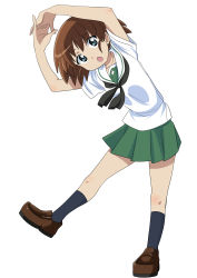 Rule 34 | 1girl, :o, absurdres, arms up, black neckerchief, black socks, blouse, blue eyes, brown footwear, brown hair, commentary request, girls und panzer, green skirt, highres, interlocked fingers, leaning to the side, loafers, looking at viewer, miniskirt, neckerchief, ooarai school uniform, own hands together, pleated skirt, sailor collar, sakaguchi karina, school uniform, serafuku, shirt, shoes, short hair, short sleeves, simple background, skirt, socks, solo, standing, standing on one leg, summer uniform, wakku kan, white background, white sailor collar, white shirt