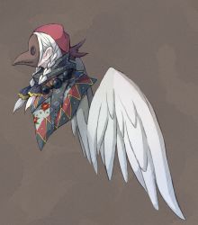 Rule 34 | 4138, bad id, bad pixiv id, bandana, braid, feathered wings, feathers, harpy, mask, monster girl, original, plague doctor mask, solo, twin braids, white feathers, white hair, winged arms, wings