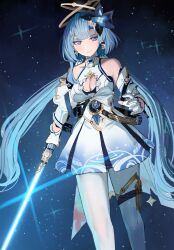Rule 34 | 1girl, aged up, bare shoulders, blue hair, breasts, cleavage, cleavage cutout, clothing cutout, commentary, crescent, crescent earrings, dress, earrings, energy sword, english commentary, feet out of frame, gloves, griseo, halo, highres, holding, holding weapon, honkai (series), honkai impact 3rd, jewelry, jourd4n, lightsaber, long hair, looking at viewer, low twintails, medium breasts, pantyhose, parted lips, partially fingerless gloves, pleated dress, purple eyes, sleeveless, sleeveless dress, solo, standing, sword, twintails, very long hair, weapon, white dress, white gloves, white pantyhose