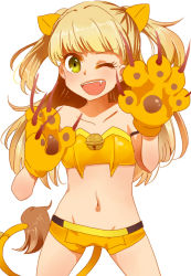 Rule 34 | 10s, 1girl, :d, animal ears, animal hands, bad id, bad pixiv id, bell, blonde hair, cat ears, cat paws, eyelashes, fang, gloves, idolmaster, idolmaster cinderella girls, jougasaki rika, long hair, masaki (celesta), midriff, navel, one eye closed, open mouth, paw gloves, shorts, smile, solo, twintails, two side up, wink