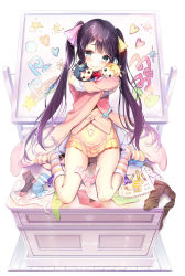 Rule 34 | 1girl, black hair, blue eyes, blush, bow, character doll, closed mouth, commentary request, copyright request, crayon, hair ribbon, highres, hugging doll, hugging object, jacket, long hair, looking at viewer, no shoes, novel illustration, official art, pink jacket, pink ribbon, red bow, ribbon, sitting, skirt, smile, socks, solo, striped clothes, striped socks, twintails, very long hair, wariza, white background, yellow ribbon, yellow skirt, youta